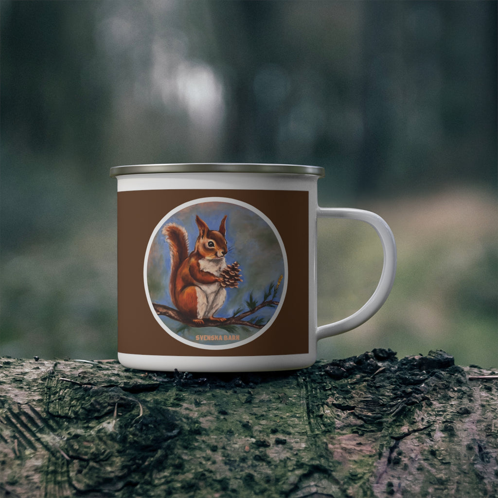 Scandinavian squirrel enamel mug styled outdoors