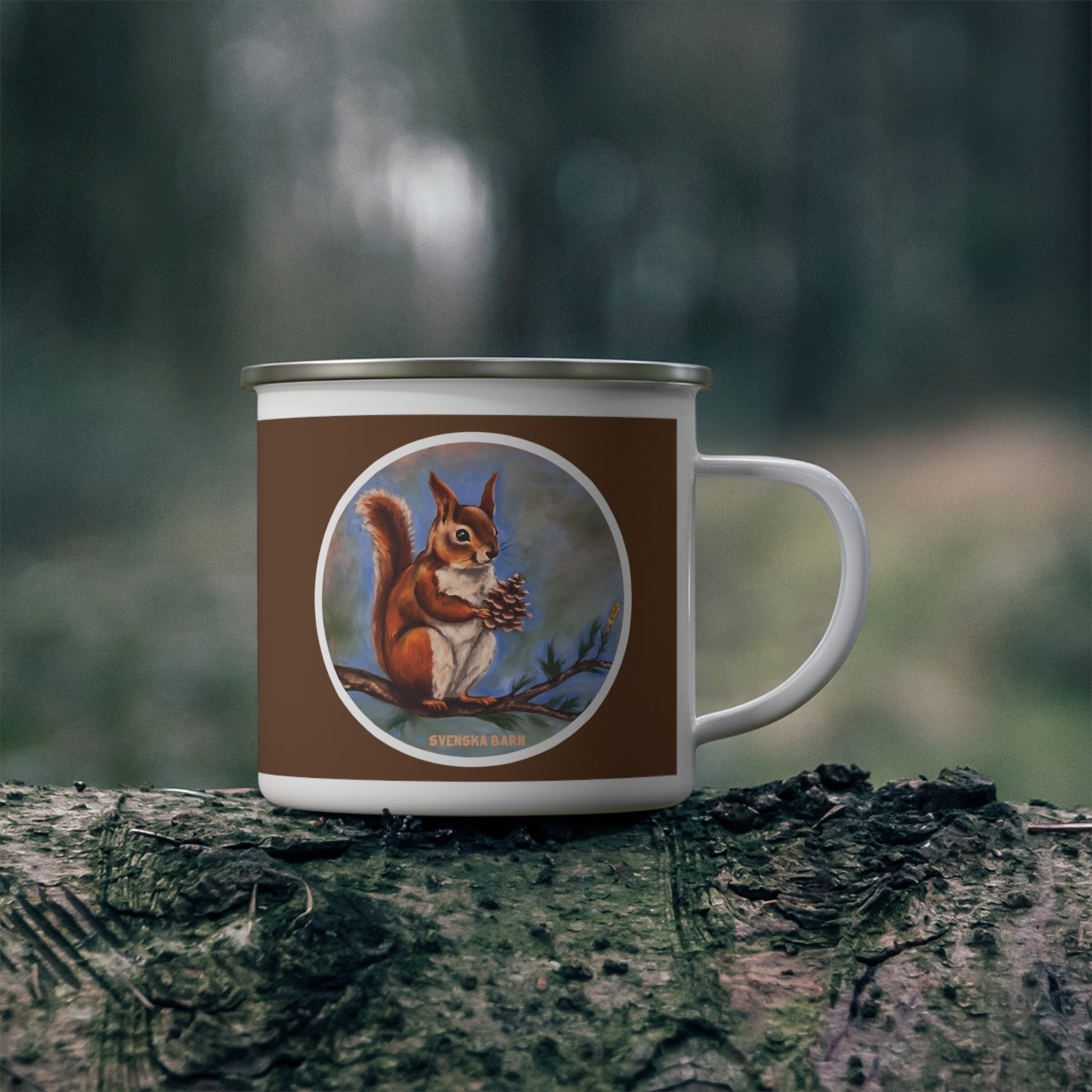Scandinavian squirrel enamel mug styled outdoors