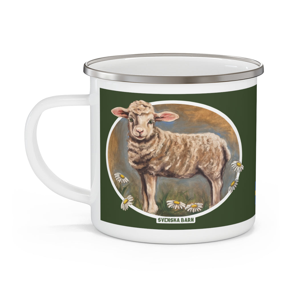 Lamb artwork printed on back of enamel mug