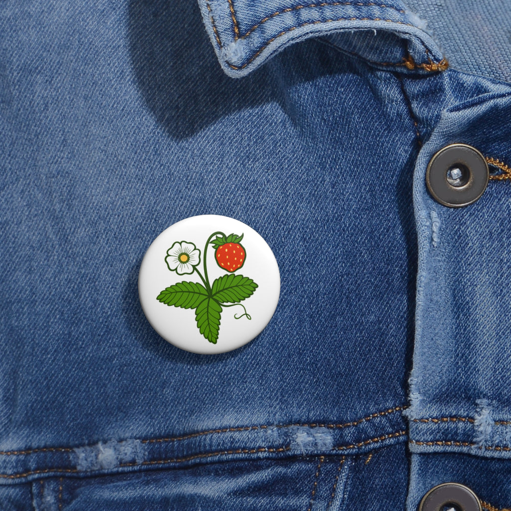 Smultron enamel pin worn on denim jacket