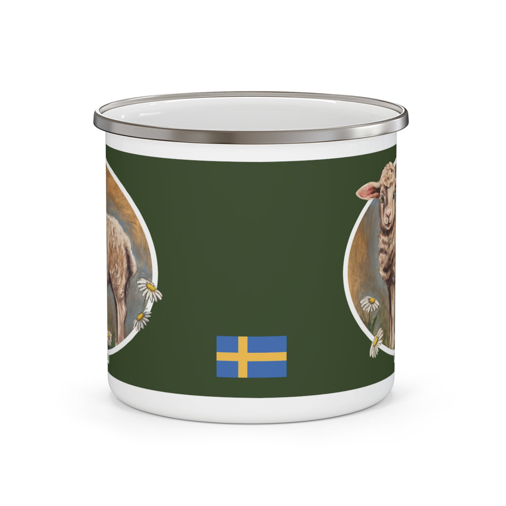 Enamel coffee mug with lamb illustration and Swedish flag detail