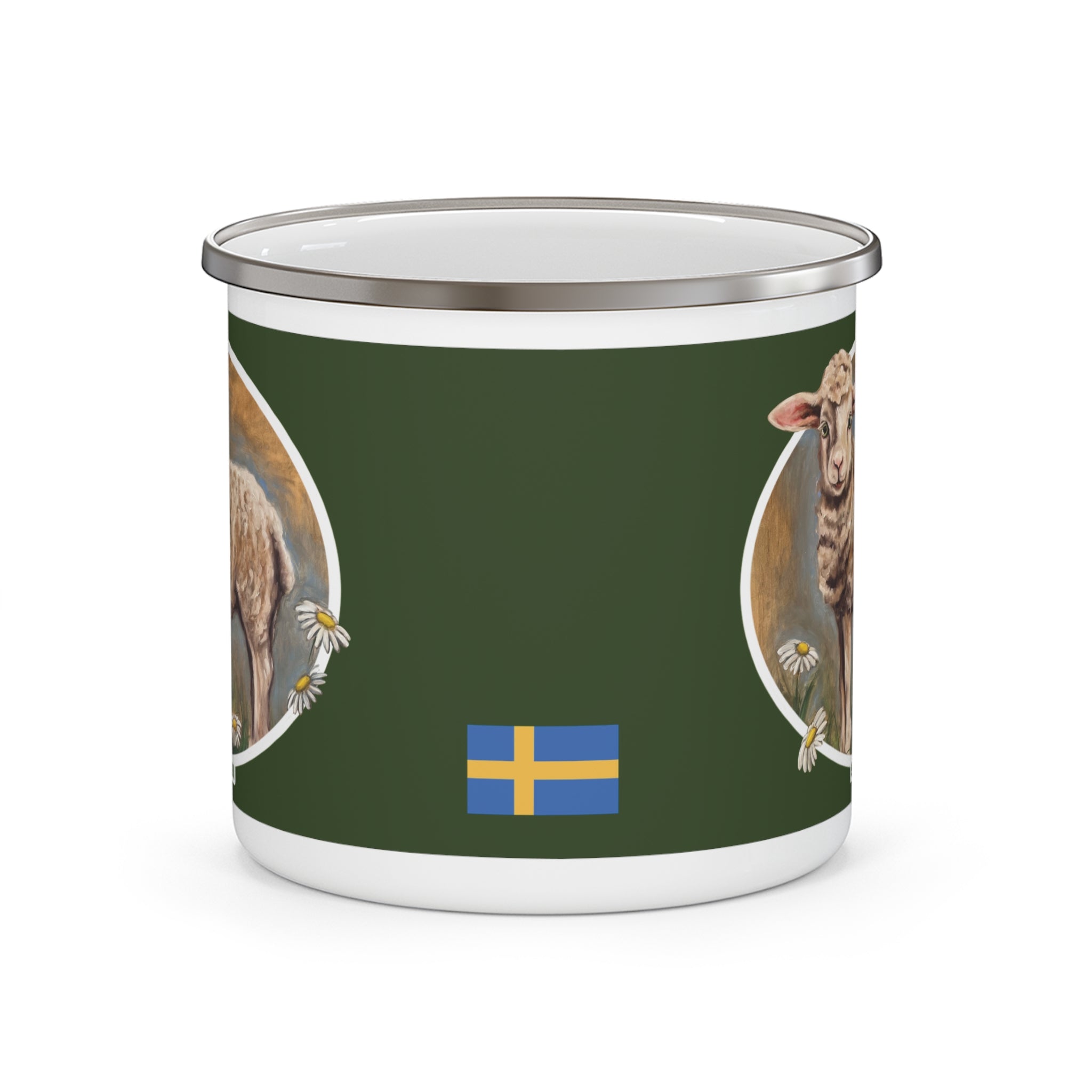 Enamel coffee mug with lamb illustration and Swedish flag detail