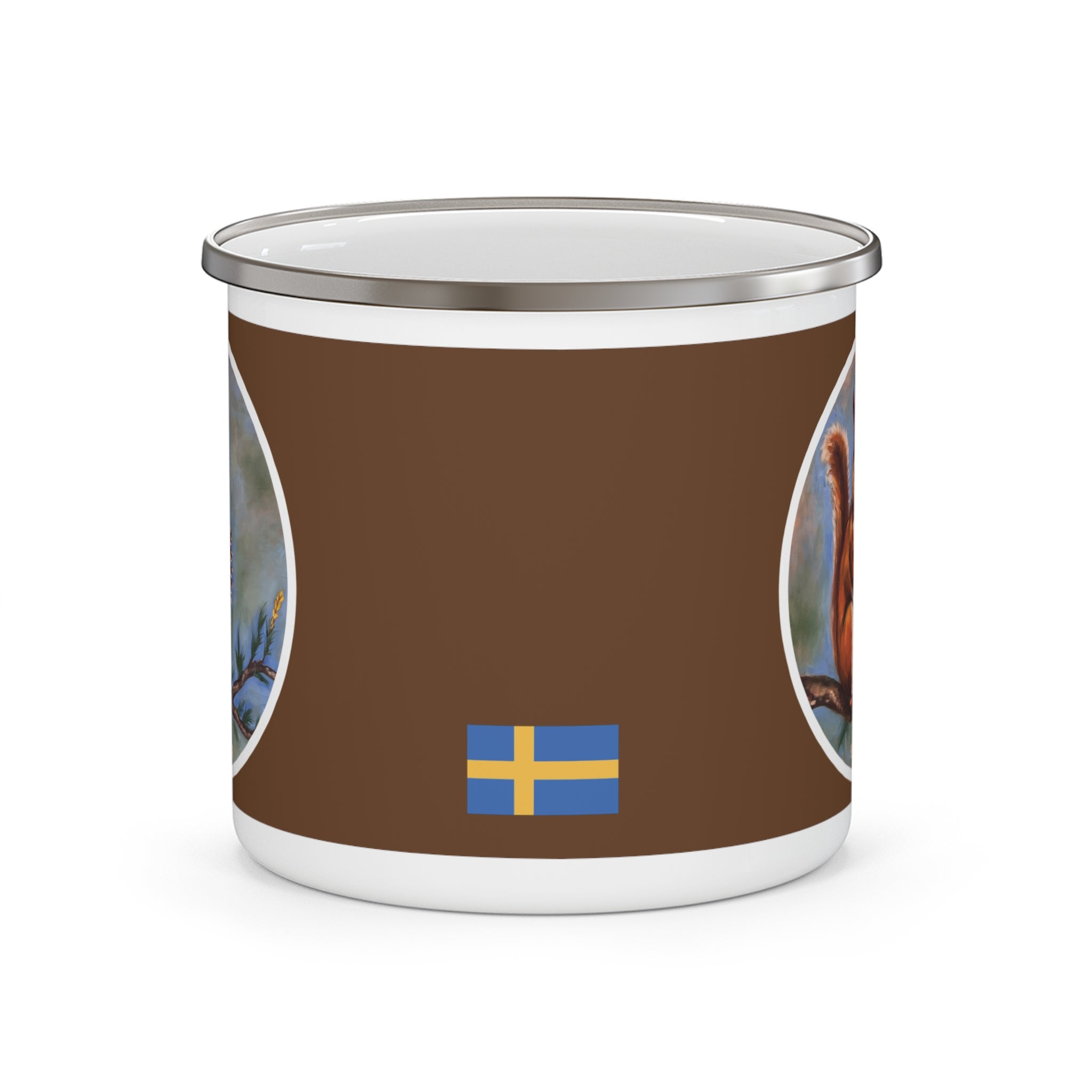 Enamel coffee mug with squirrel illustration and Swedish flag detail