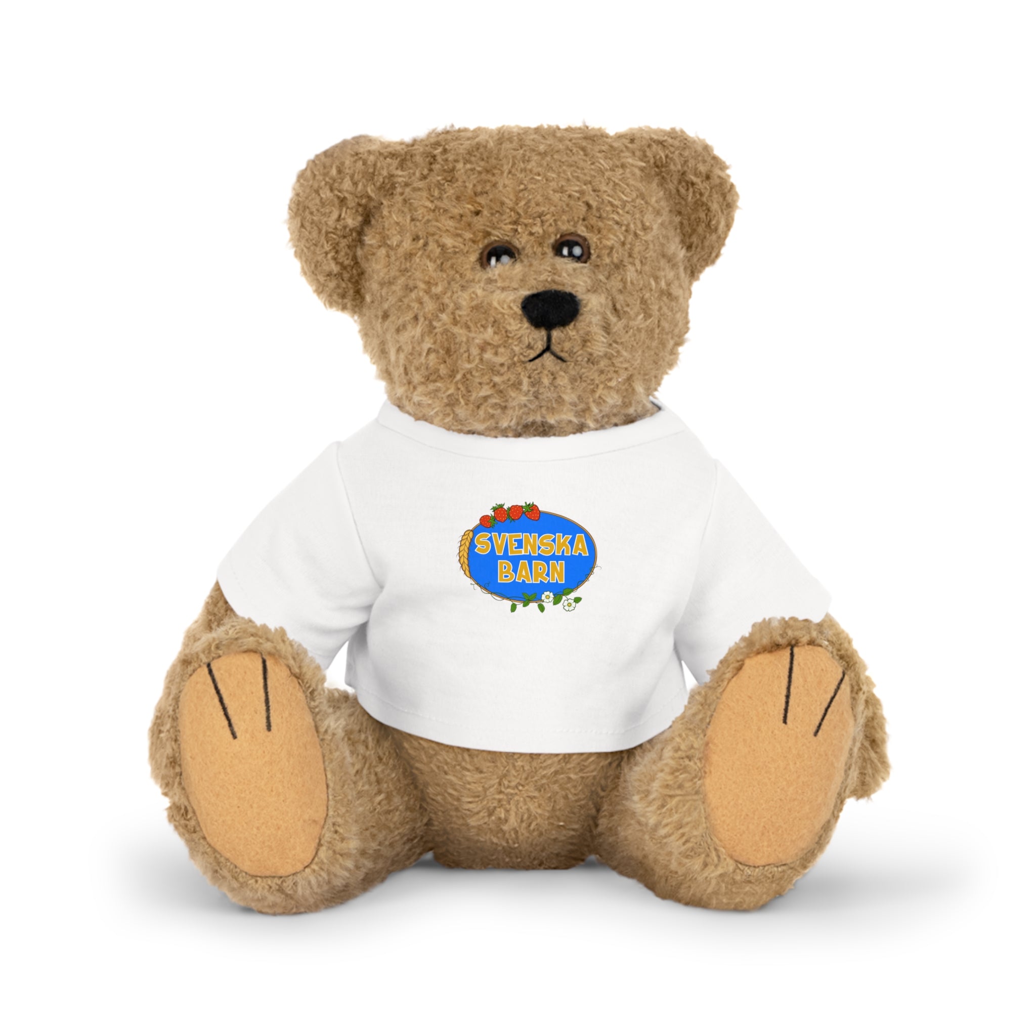 Svenska Barn teddy bear plush wearing white logo T-shirt