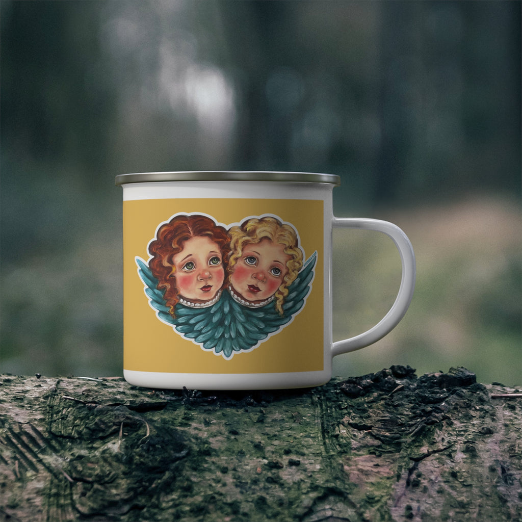 Angels enamel coffee mug displayed outdoors