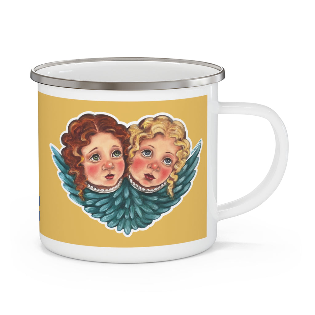 Angels 12 oz enamel mug featuring original Scandinavian artwork by Emelie A. Wallenäs