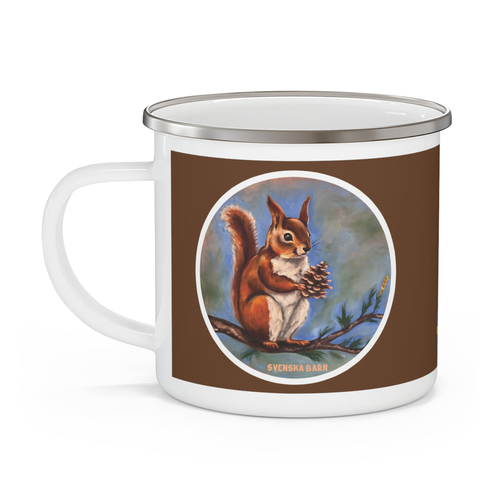 Squirrel artwork printed on back of enamel mug