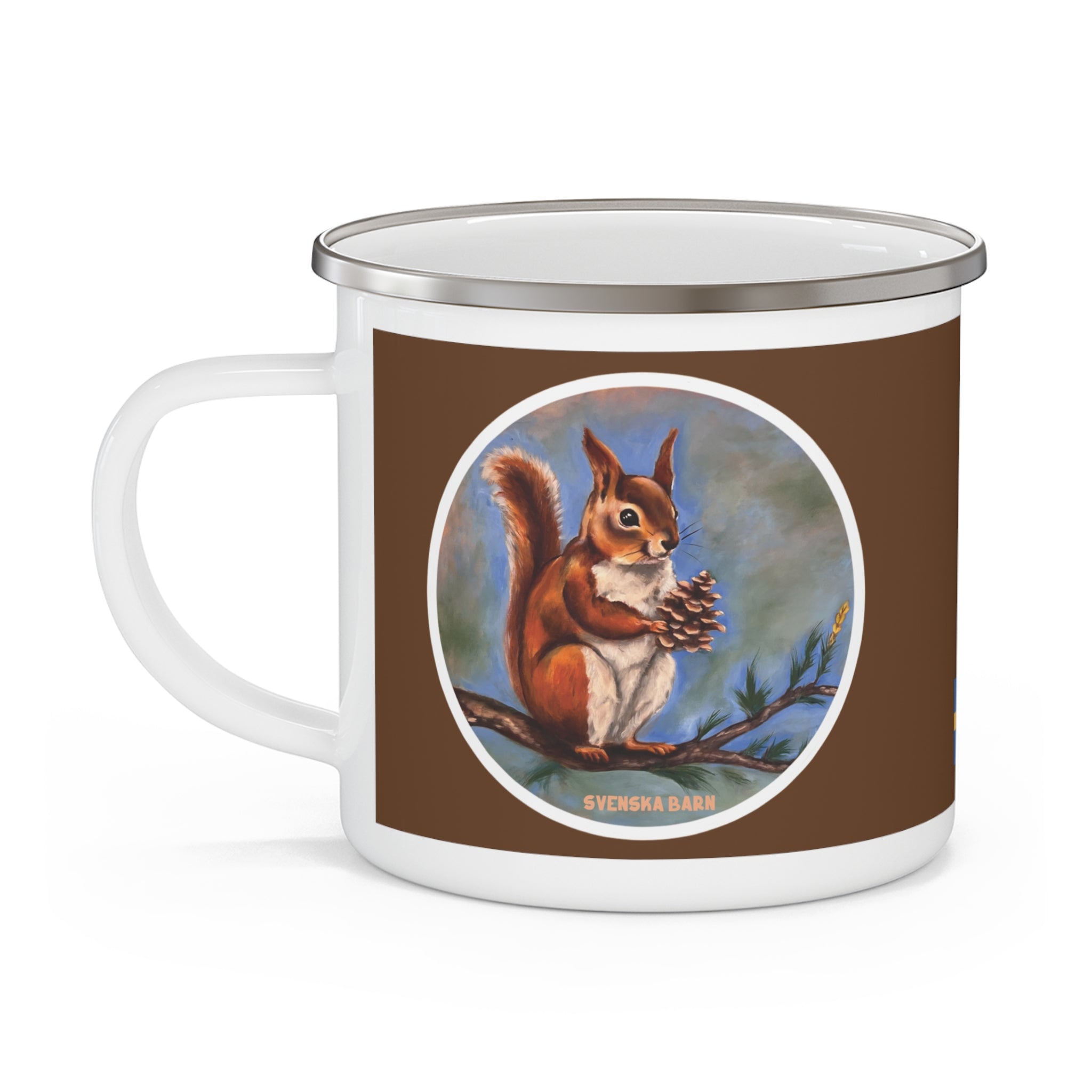Squirrel artwork printed on back of enamel mug