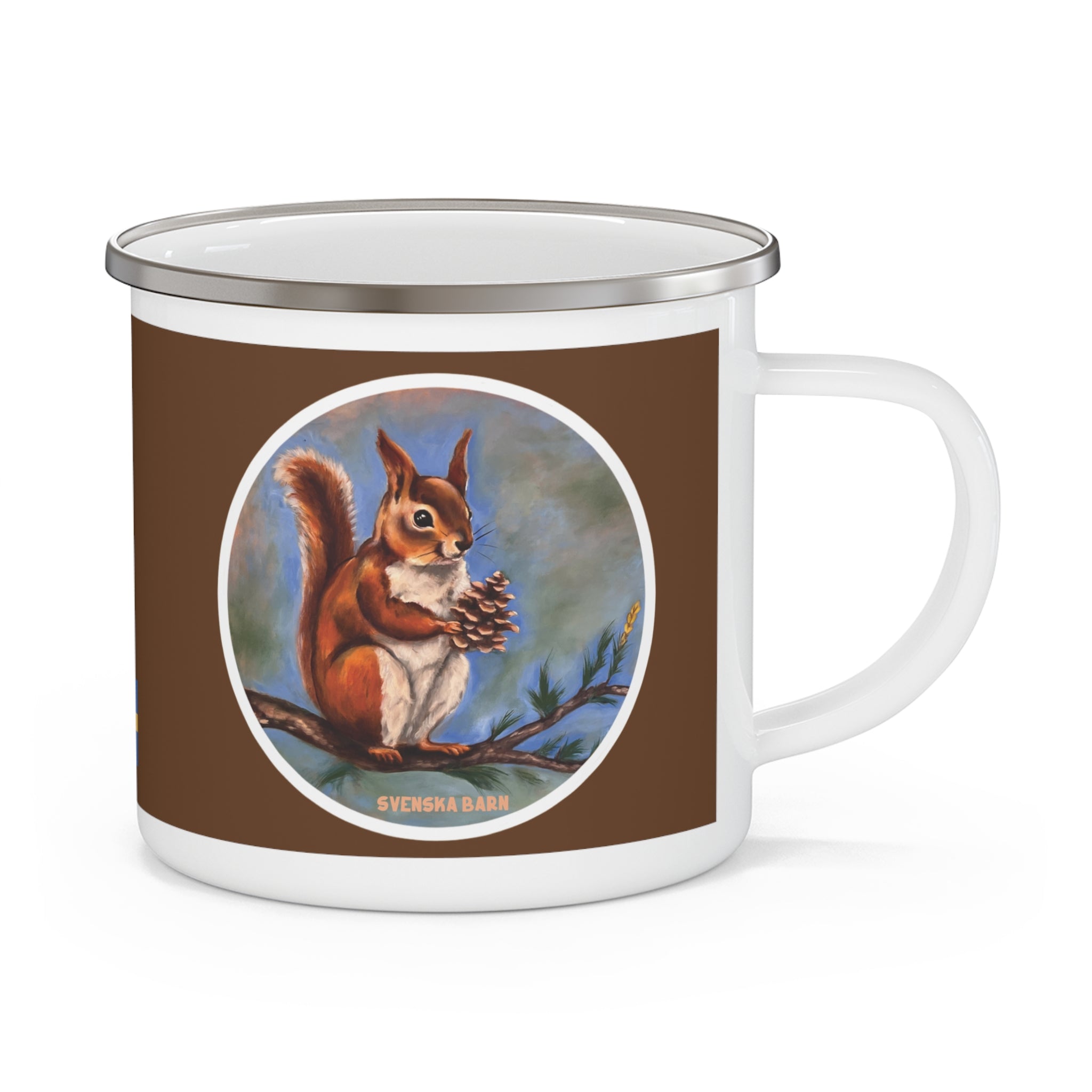 Squirrel 12 oz enamel mug featuring original Scandinavian woodland artwork
