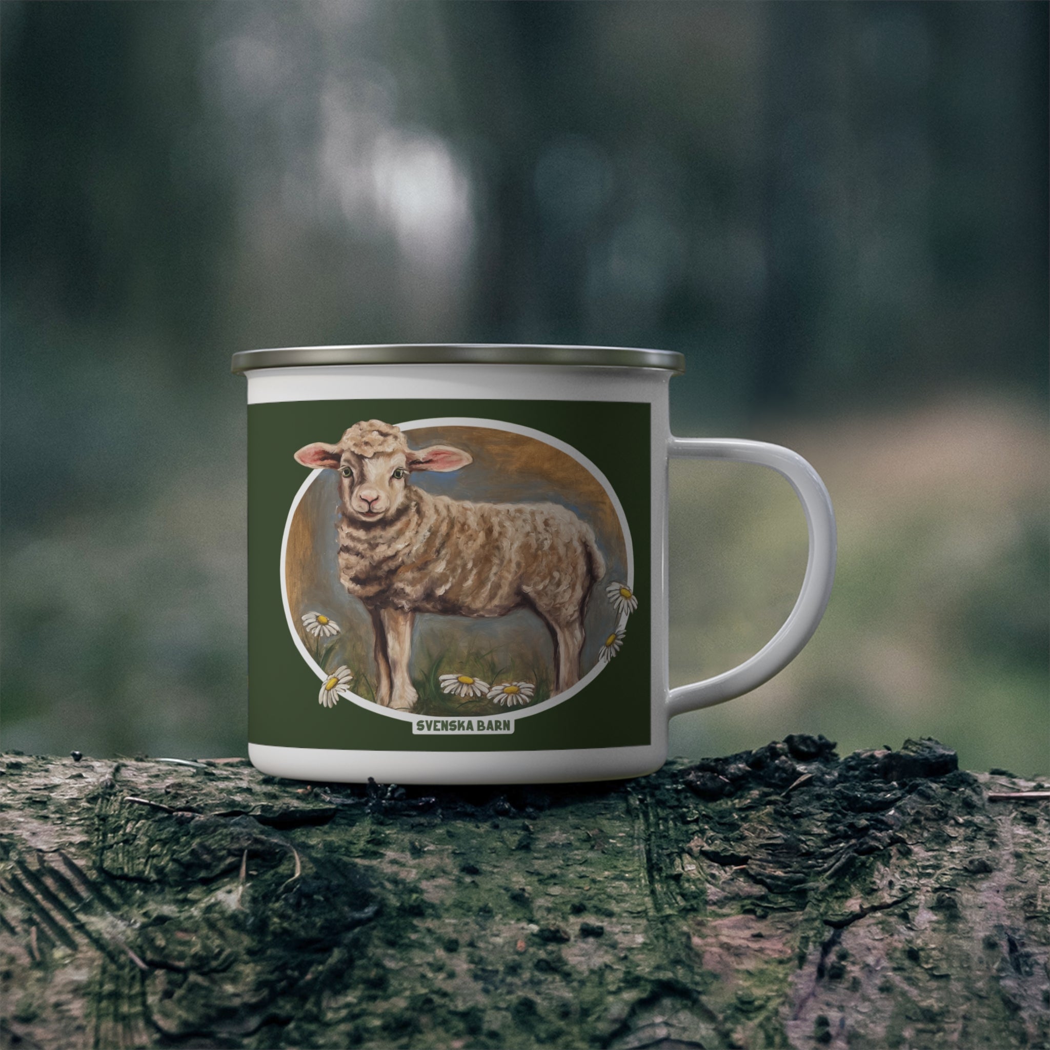 Scandinavian lamb enamel mug styled outdoors