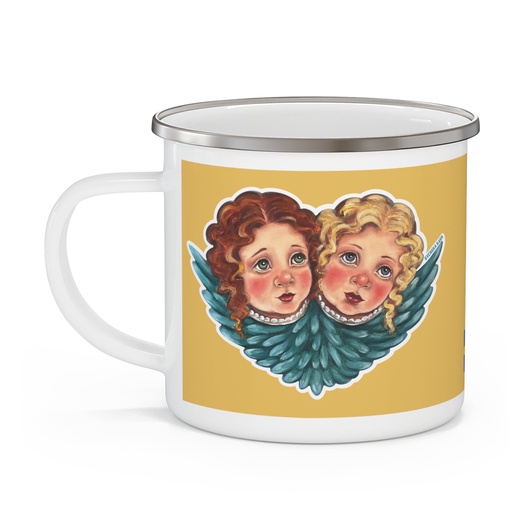 Angels artwork printed on back of 12 oz enamel mug