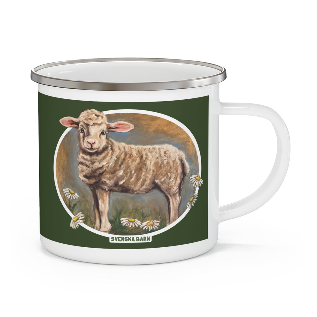 Lamb 12 oz enamel mug featuring original Scandinavian artwork