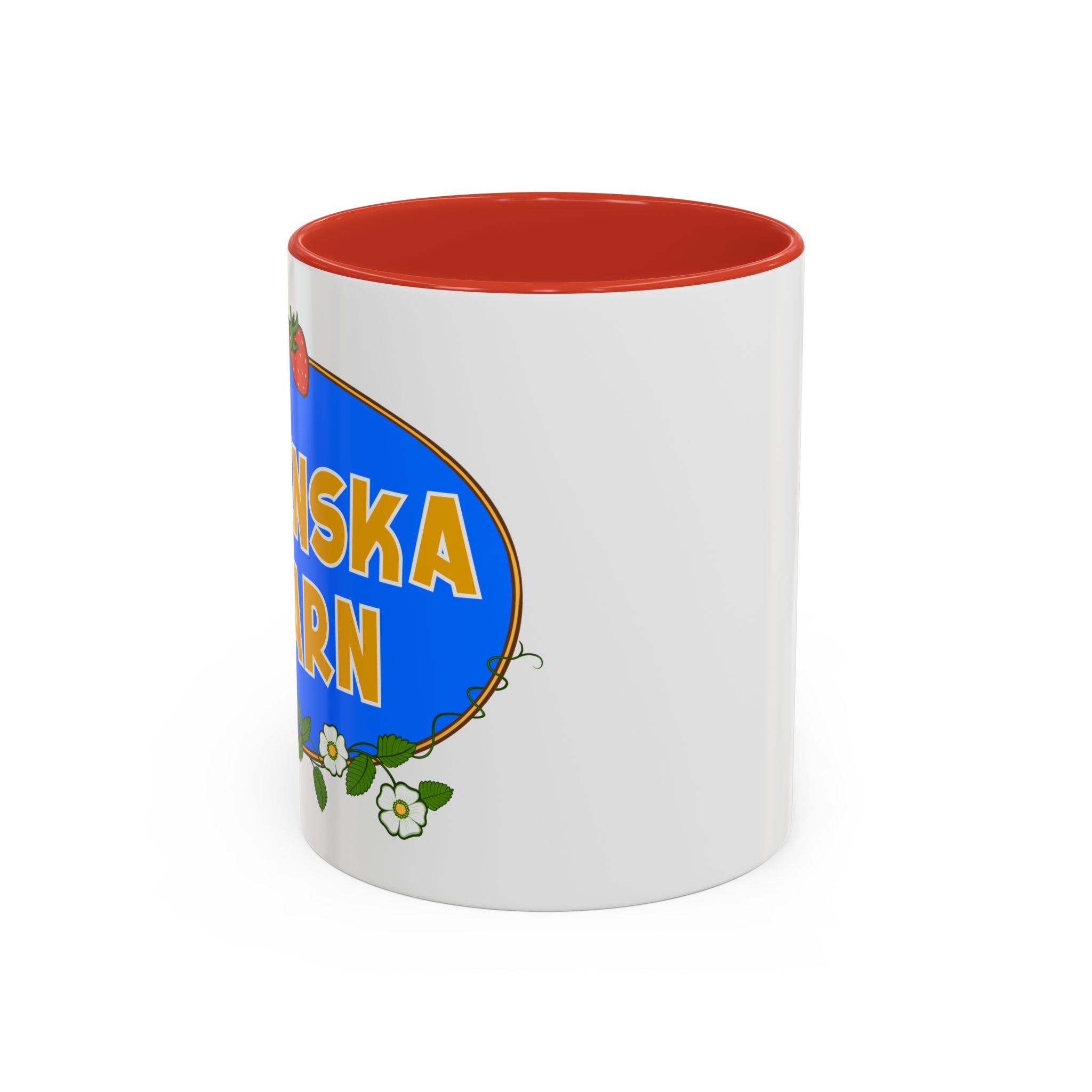 Side view of Svenska Barn ceramic mug with red interior and logo print