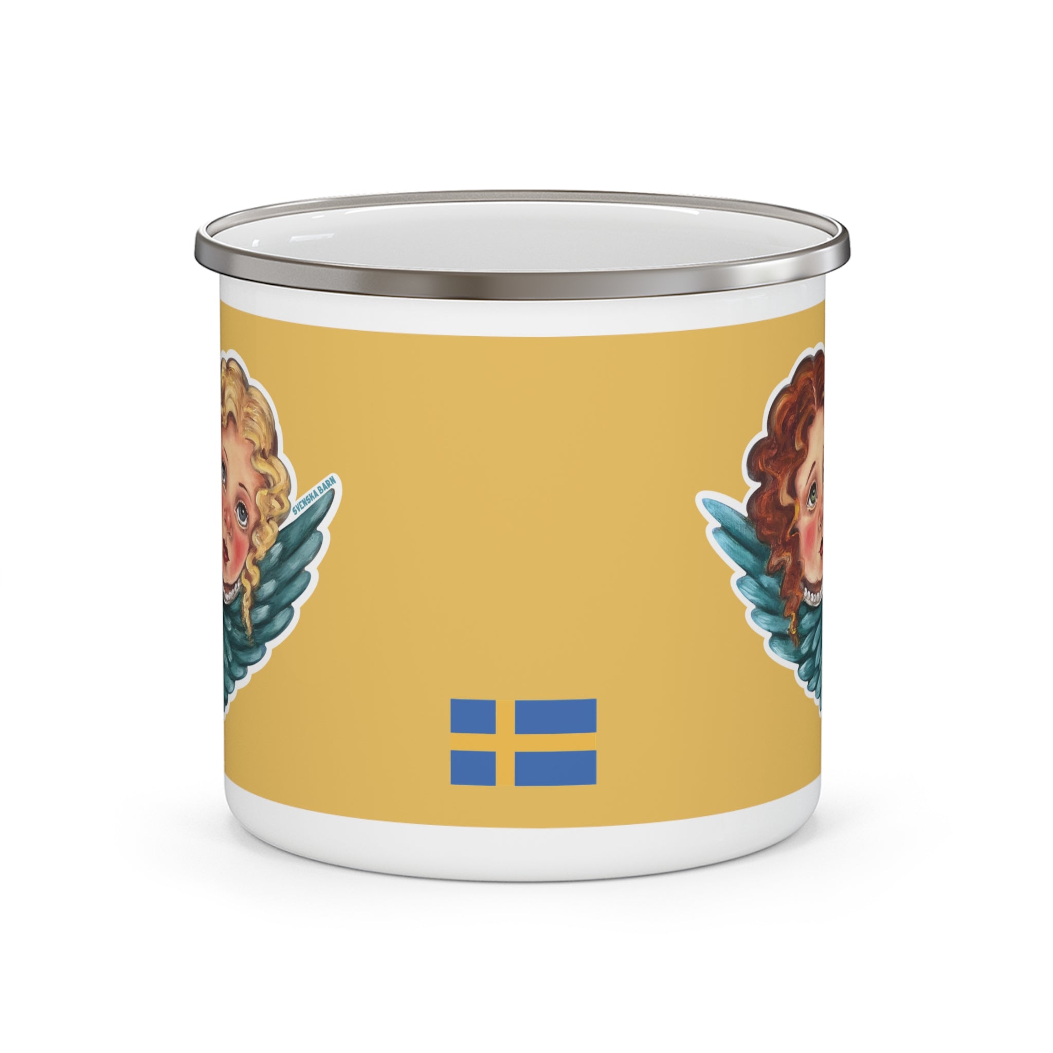 Scandinavian enamel mug with angel artwork and Swedish flag detail