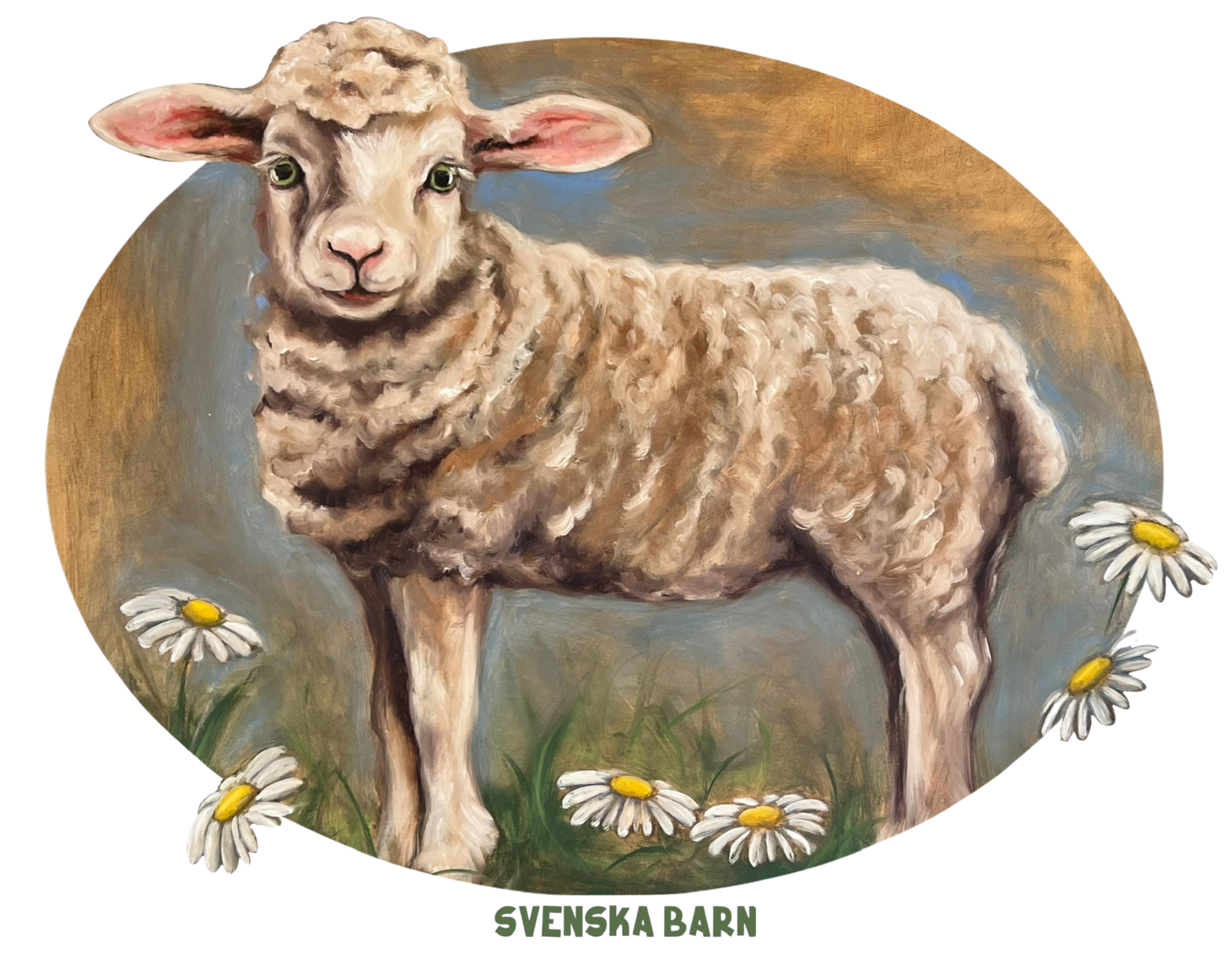 Illustrated lamb standing in grass with white daisies