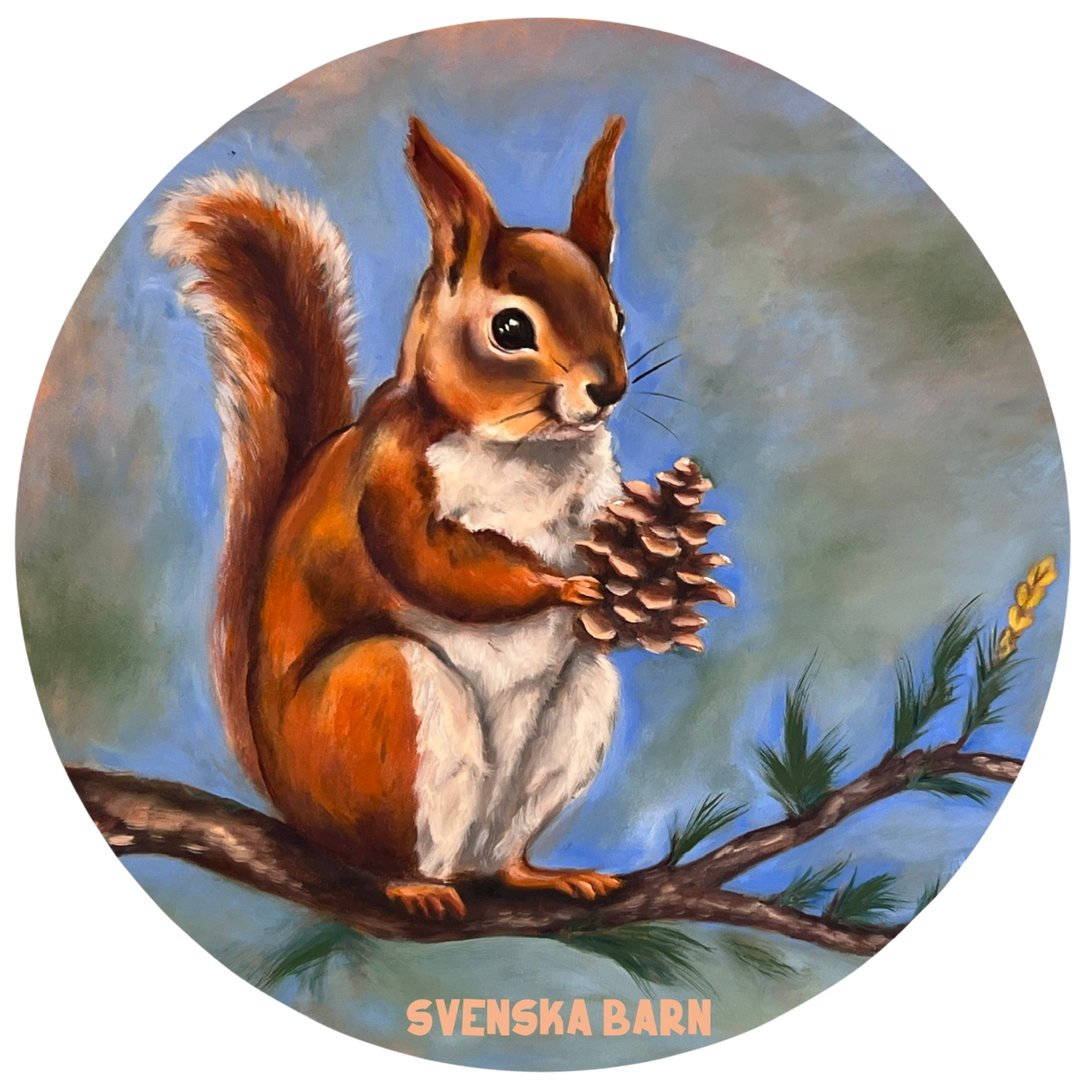 Painting of a squirrel holding a pine cone on a branch with a blue sky background, featuring the brand 'Svenska Barn'.