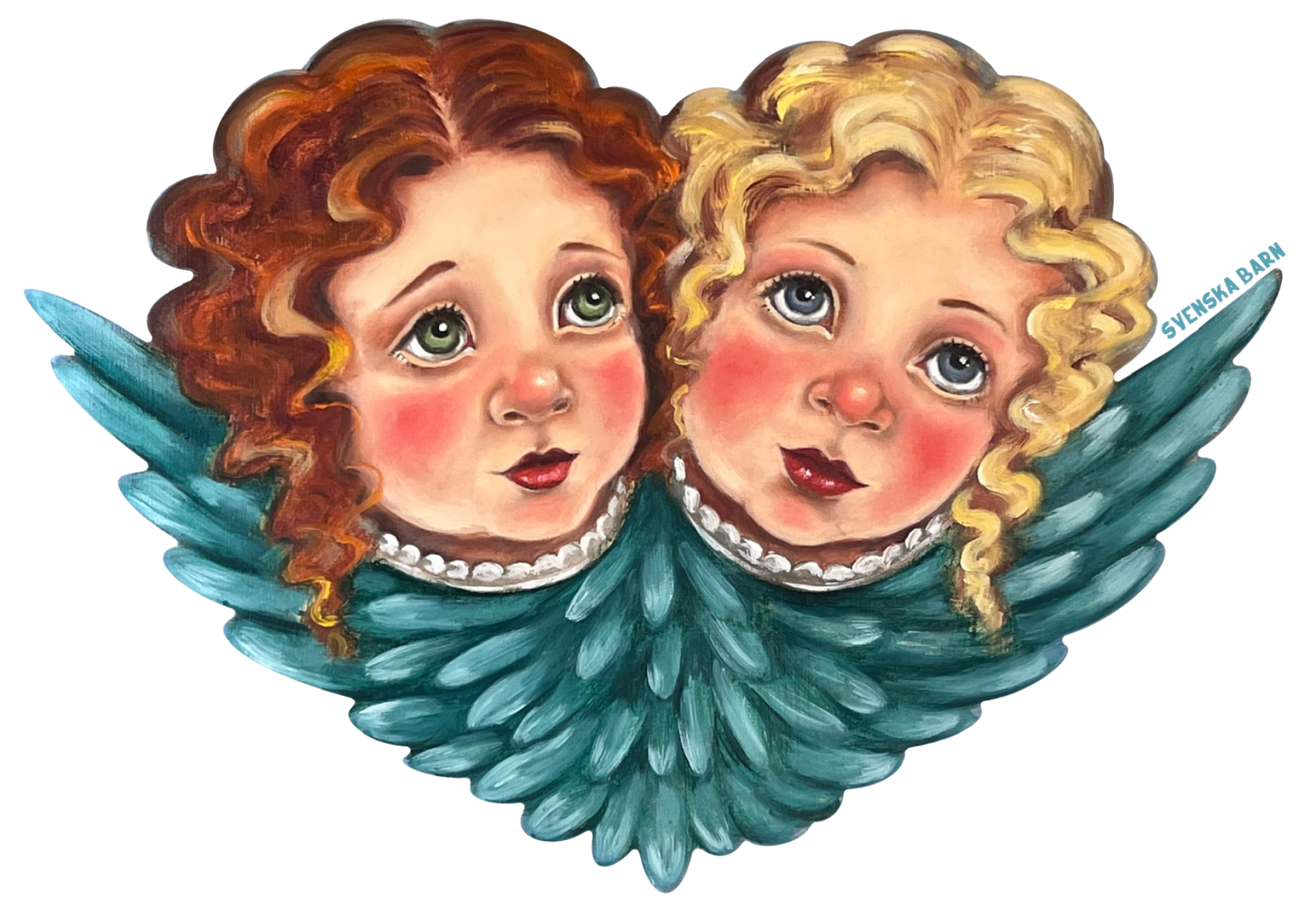 Illustration of two angel faces with teal wings on a white background