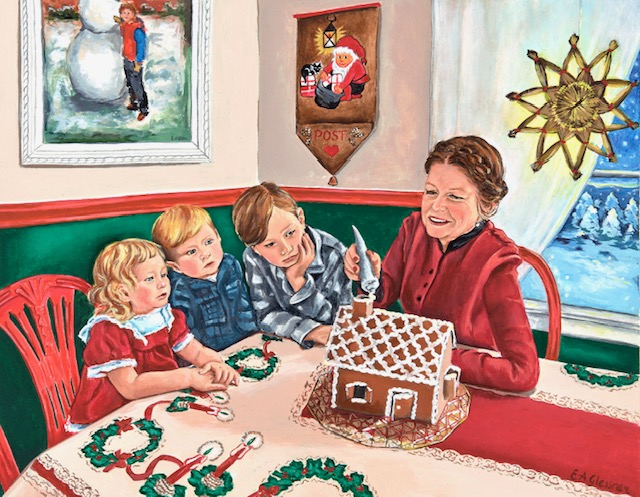 painting of a grandma decorating a gingerbreadhouse with her three grand children