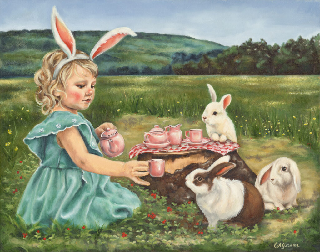 Oil painting of a young child having a tea party with bunnies