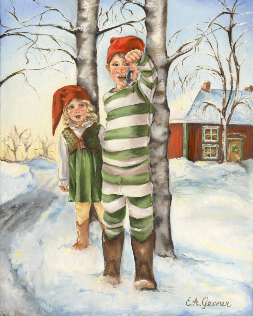 Oil painting with 2 children in the now one holding a mouse by the tail