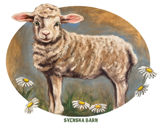 Illustrated lamb standing in grass with daisies, painted in a soft, storybook style